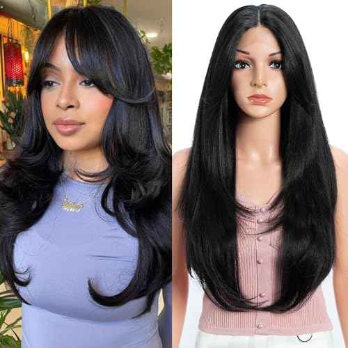 Synthetic Lace Front Wig for Women Long Layered Hair Wig with Curtain Bangs 24 inch Long Straight Black Hair Wig for Daily Party Cosplay (Color:1B)