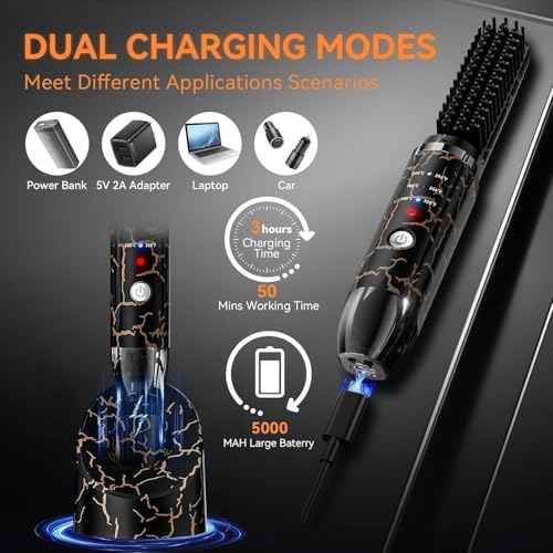 Beard Straightener for Men, Cordless Heated Beard Brush, Portable Beard Hot Combs, Ionic Mini Hair Straightener with 3 Temp Settings, Coarse Curly Hair Brush, Grooming Kit for Men