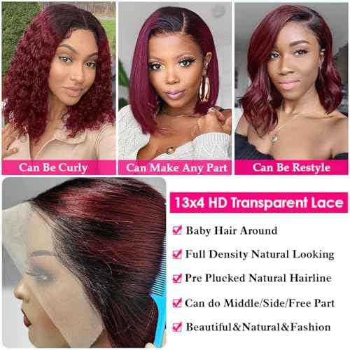 Ombre 99J Burgundy Lace Front Bob Wig Human Hair 13x4 HD Lace Frontal Wigs Short Straight Bob Wigs for Black Women Human Hair Pre Plucked Natural Hairline 1B/99J 8 Inch