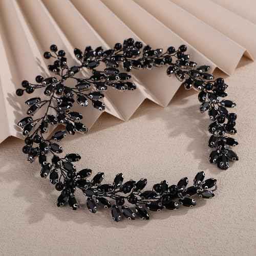 Teyglen Gothic Black Crystal Rhinestone Headband Bridal Crystal Pearl Wedding Hair Vine Simple Rhinestone Hair Piece Halloween Headpiece Costume Hair Accessories for Women(Black)