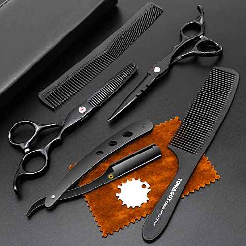 Professional Black Hair Cutting Scissors Sets Stainless Steel Barber Hairdressing Scissors Salon Multifunctional Thinning Scissors Straight Shears Tools for Mother Father Friends' Christmas Gift