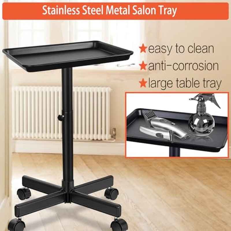 Salon Tray on Wheels,Height Adjustable Rolling Beauty Trolley Cart,Professional Salon Equipment for Barbershop/Spa/Home Use Black