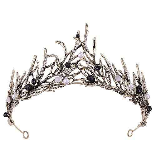 Women Black Hair Crown Vintage Wedding Tiaras Gothic Elf Headpiece Fancy Dress Headband for Bridal Carnival Prom Halloween Birthday Christmas Party Costume Accessories
