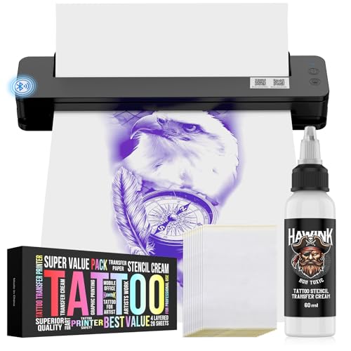 HAWINK Tattoo Stencil Printer Wireless Thermal Tattoo Printer with 20pcs Transfer Paper Transfer Cream 60g Compatible with Phone/Tablet/PC Tattoo Supplies for Tattoo Artists & Beginners T106ZKIT-US