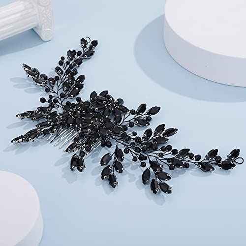 Teyglen Women Luxurious Bridal Hair Accessories - Dainty Large Crystal Pearl Flower Headband, Shiny Rhinestone Side Combs for Brides and Girls (Black)