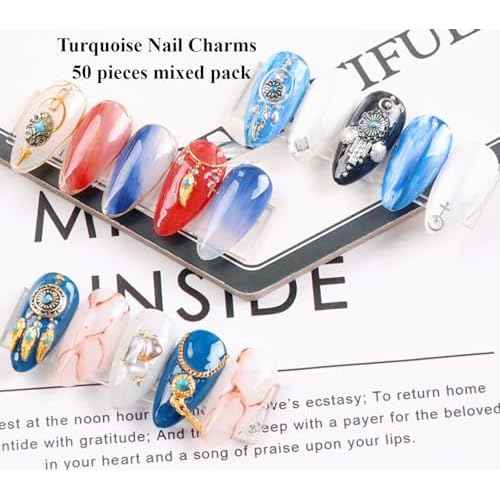 50 PCS Metal Turquoise Nail Charms - Western Cowboy Nail Art Decorations, 3D Nail Gems for DIY Manicure, Mixed Shapes Nail Accessories for Gel Acrylic Nails (Blue)