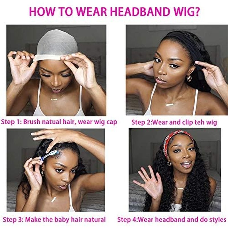 WENYAN Headband Wig Human Hair Deep Wave 22 Inch Wigs for Black Women Glueless None Lace Front Curly Wave Wig Brazilian Virgin Hair Wear and Go Wigs Machine Made 150% Density Natural Color