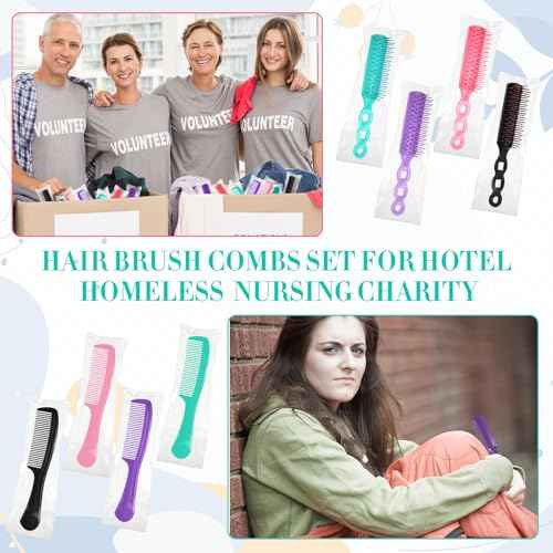 Baderke 144 Pack Individually Wrapped Hair Brushes Combs Set for Homeless, Detangling Brush Widen Combs for Curly Hair Suitable for Women Men Shelter Nursing Hotel Church Charity Supplies(4 Colors)