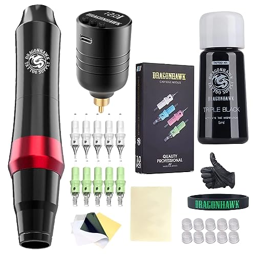 Dragonhawk S4 Wireless Tattoo Pen Kit, Complete Tattoo Machine Gun Kit, Slim Tattoo Pen with Cartridges Needles by Dragonhawklabs, Tattoo Power Supply & Black Tattoo Ink - General Tattoo Kit