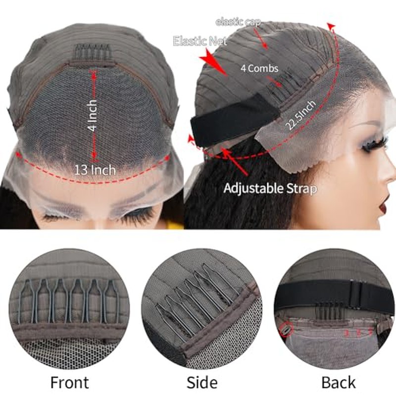Kinky Straight Wig 16 Inch 180% Density Yaki Straight Human Hair Wig With Pre-Plucked Hairline & Adjustable Straps,Natural Black 13x4 Lace Front Wigs Human Hair For Black Women