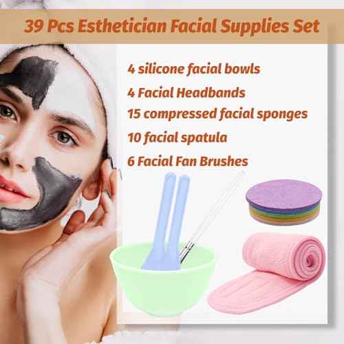 39 Pcs Esthetician Facial Supplies Set: 4 Silicone Facial Bowls, 4 Facial Headbands, 15 compressed sponges, 10 facial spatula, 6 Facial Cosmetic Fan Brushes for Mud Cream, Makeup Peel, Face Cleansing