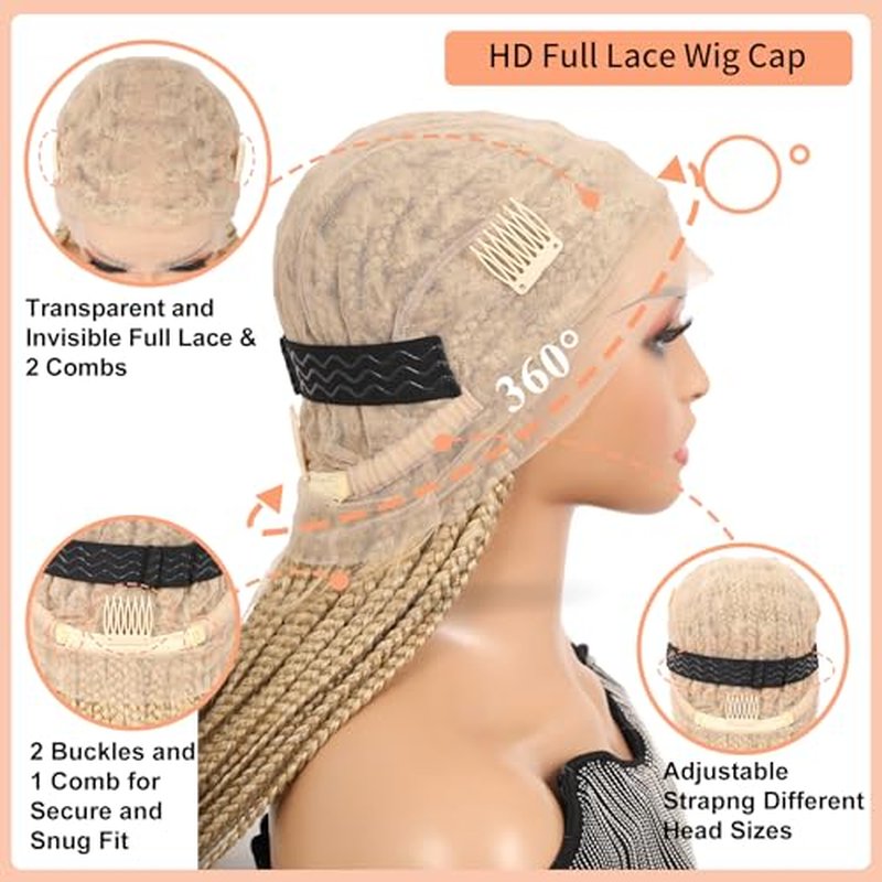 360¡Æ HD Full Lace Knotless Braided Wigs for Women Box Braid Wig with Baby Hair Braided Lace Front Wigs Premium Synthetic Braids Wig Long Blonde 36"