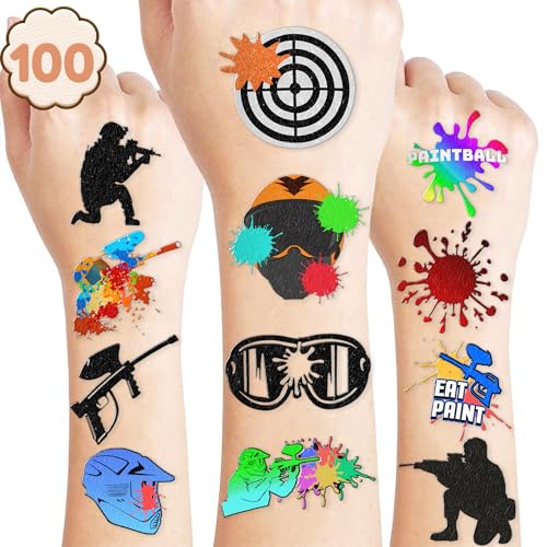 Paintball Temporary Tattoos Gun Birthday Party Decorations Favors Supplies Shooting Themed Cute Stickers 10 Sheets 100 PCS Gifts for Baby Girls Boys Class School Carnival
