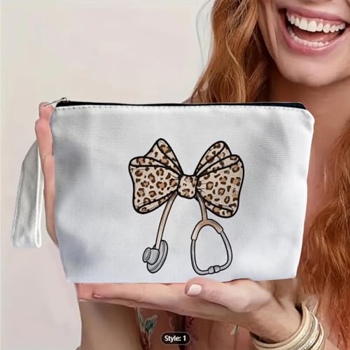 Leopard Bow Stethoscope Nurse Makeup Bag - Trendy Nurse Themed Gifts for Lovers Girls Mom Women, Bow Stethoscope Nurse Cosmetic Bag, Nursing Student Gifts, Canvas Zipper Makeup Bag