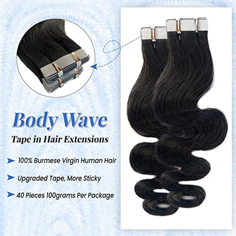 Long Curly Tape in Hair Extensions Natural Color 22 Inch Body Wave Tape in Human Hair Extensions 40PCS 100G Thick and Full Invisible Tape ins Body Wave Real Remy Human Hair Pieces Black