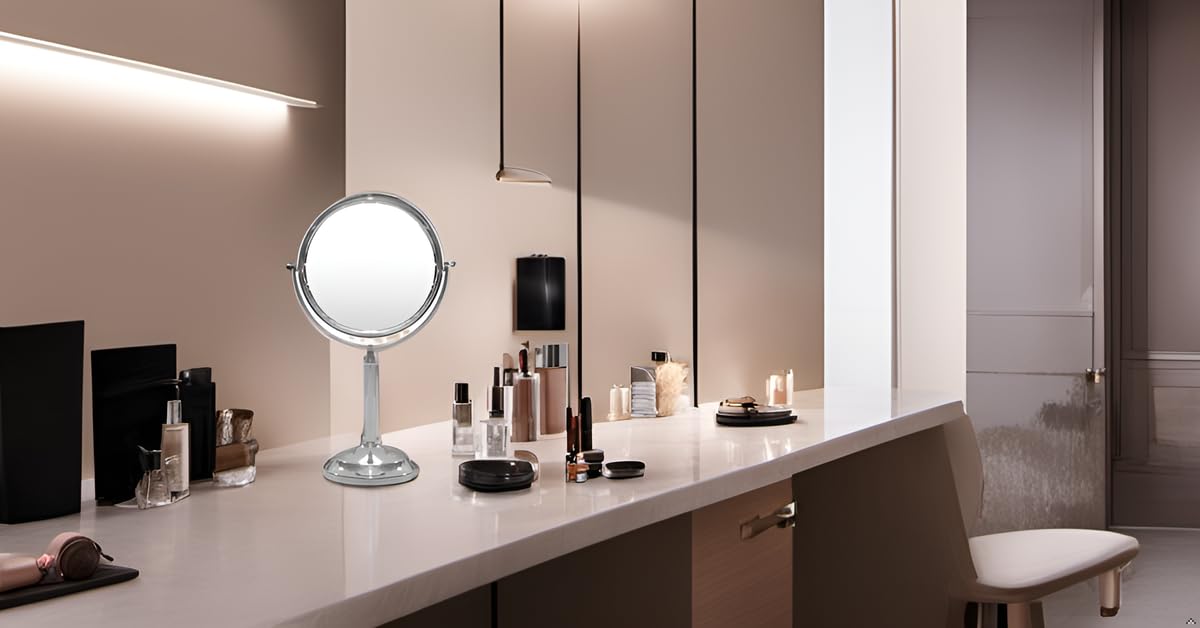 Indecor Home H Halston Stainless Steel Makeup Vanity Mirror 1X, 3X Magnification Round 360 Swivel Mirror for Desk, Bedroom, Bathroom Chrome