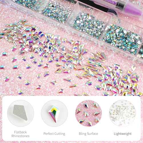 Canvalite 12 Types of 600Pcs Crystal Nail Charms & 5710Pcs Rhinestones for Nails Diamonds for DIY Crafts Flat Back Resin Rhinestones Transparent AB Gemstones Set with Drill Pen & Tweezer