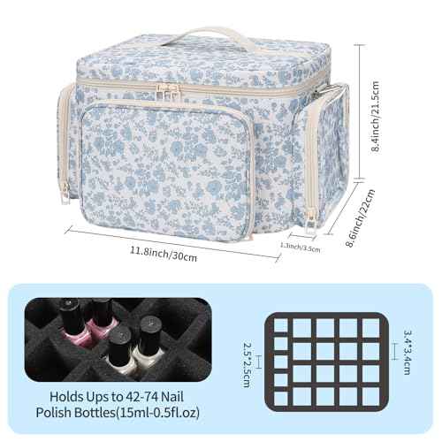 Nail Polish Organizer, Nail Polish Storage Holds 42+ Bottles & Nail Lamp, Portable Travel Nail Kit Storage Carrying Case Fits Nail Suppiles, Gift for Manicurist, Grils - Blue Flower