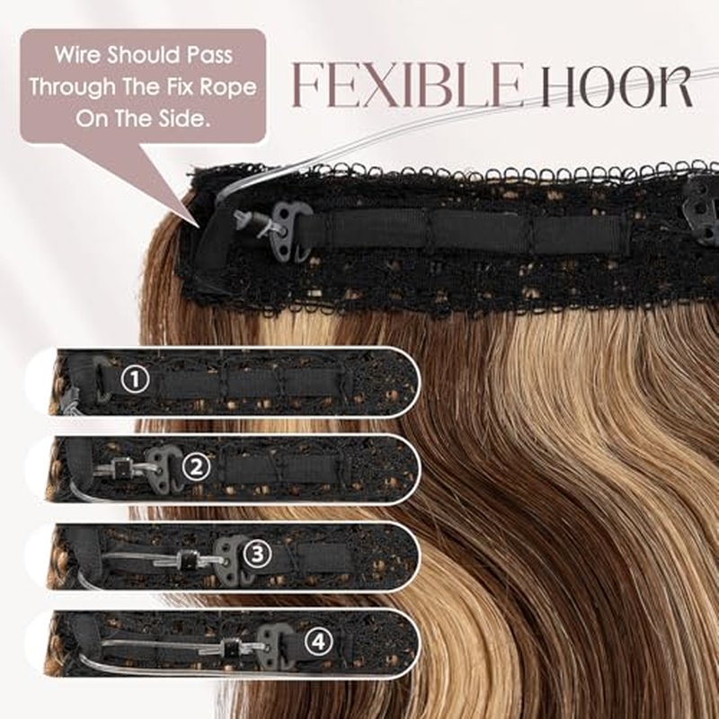 MY-LADY Wavy Halo Hair Extensions Real Human Hair for Women Medium Brown & Dark Blonde Clip in Remy Hairpiece with Adjustable Invisible Wire 18 Inch 65G