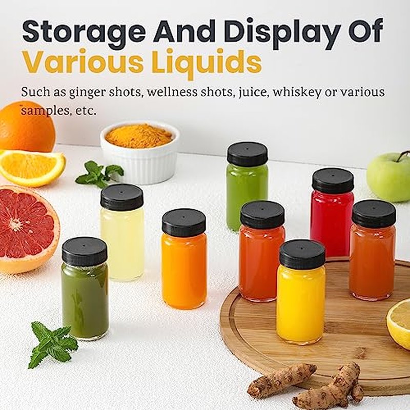 30 Pack 2 oz Glass Shot Bottles w/ Black Lids & 30 Labels - Small Clear Jar for Ginger, Wellness Shot, Juice, Sample, Whiskey - Travel Essentials Mini Bottles - Wide Mouth, Leakproof, Dishwasher Safe