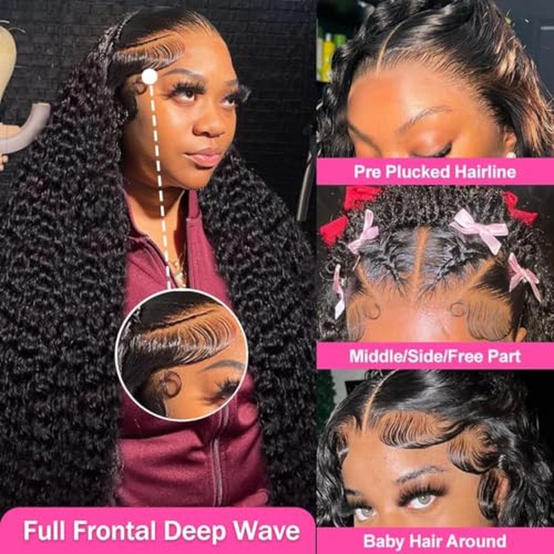 28 Inch 13x6 HD Lace Front Wigs Human Hair Deep Wave Lace Front Wigs Human Hair Pre Plucked Deep Curly Wigs for Women Natural Black 180% Density