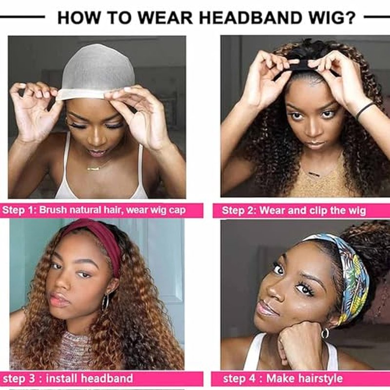 Highlight Ombre Headband Wig Human Hair Curly #4/27 Glueless Brazilian Ombre Deep Wave Headband Wig Human Hair Wigs for Black Women 24 Inch