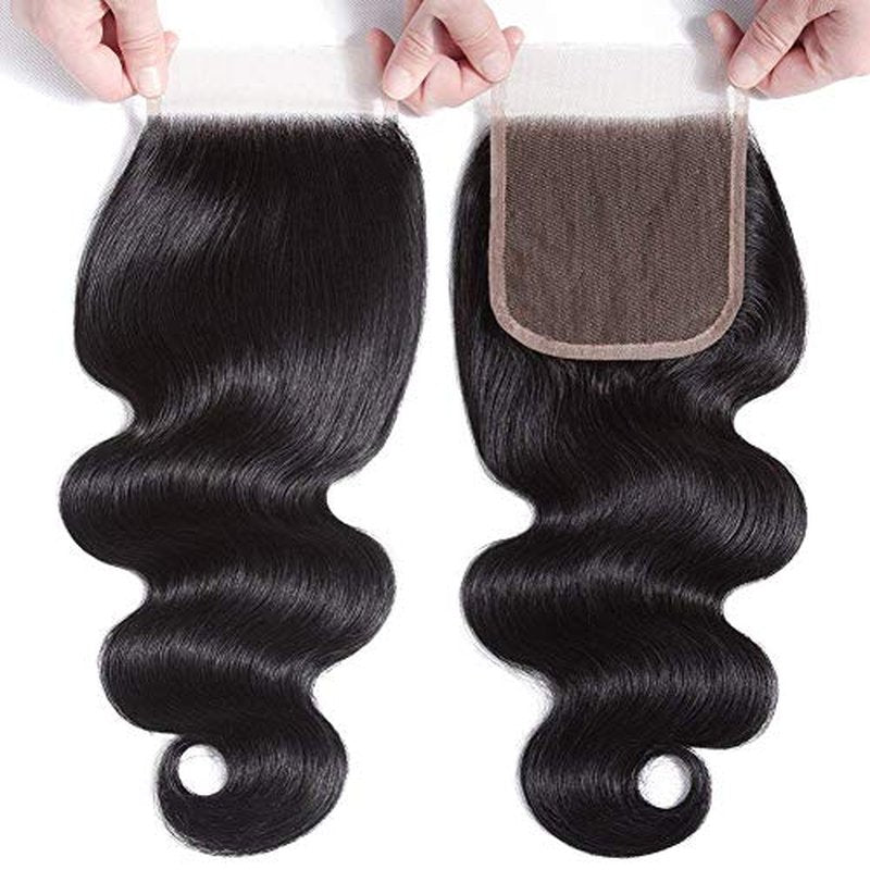 Body Wave Bundles with Closure for Black Women 100% Unprocessed Brazilian Body Wave Human Hair 3 Bundles with 4X4 Lace Closure Free Part Natural Color