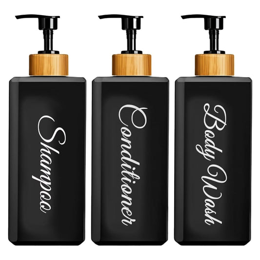 uMadeUs Refillable Shampoo and Conditioner Dispenser - Essentials Toiletries Accessories for Containers, Toiletry Lotion Liquids Bottle Soap Container Set - Black Square Bamboo Cap 1