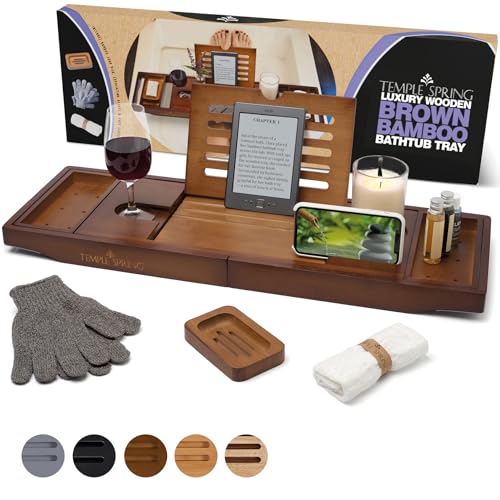 Temple Spring Wooden Bathtub Tray, Bamboo Bathroom Accessories, Bath Tray for Tub, at Home Spa Essentials, Board for Tub Table, Bath Caddy for Bathtub Accessories & Bathroom Essentials ? Wood Brown
