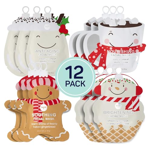 SpaLife Beauty Holiday Treats Christmas Face Mask Bundle | Korean Facial Mask | Hydrating, Soothing and Moisturizing Sheet Mask Set | Stocking Stuffers for Women | Bulk Christmas Gifts | 12 Pack
