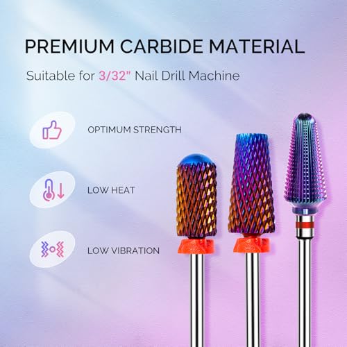 MelodySusie 3Pcs Nail Drill Bits Set, 3/32'' Carbide Tungsten Bits, 5 in 1, Smooth Round Top Large Barrel and Tornado Bits, Suitable for Manicure Pedicure Cuticle Gel Acrylic Remover, Purple