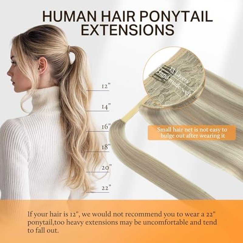 DOORES Human Hair Ponytail Extension Clip in Hair Extensions Balayage Ash Blonde Highlighted Platinum Blonde 20 Inch 90g Real Hair Extensions Wrap Around Ponytail Long Straight Ponytail Hairpiece