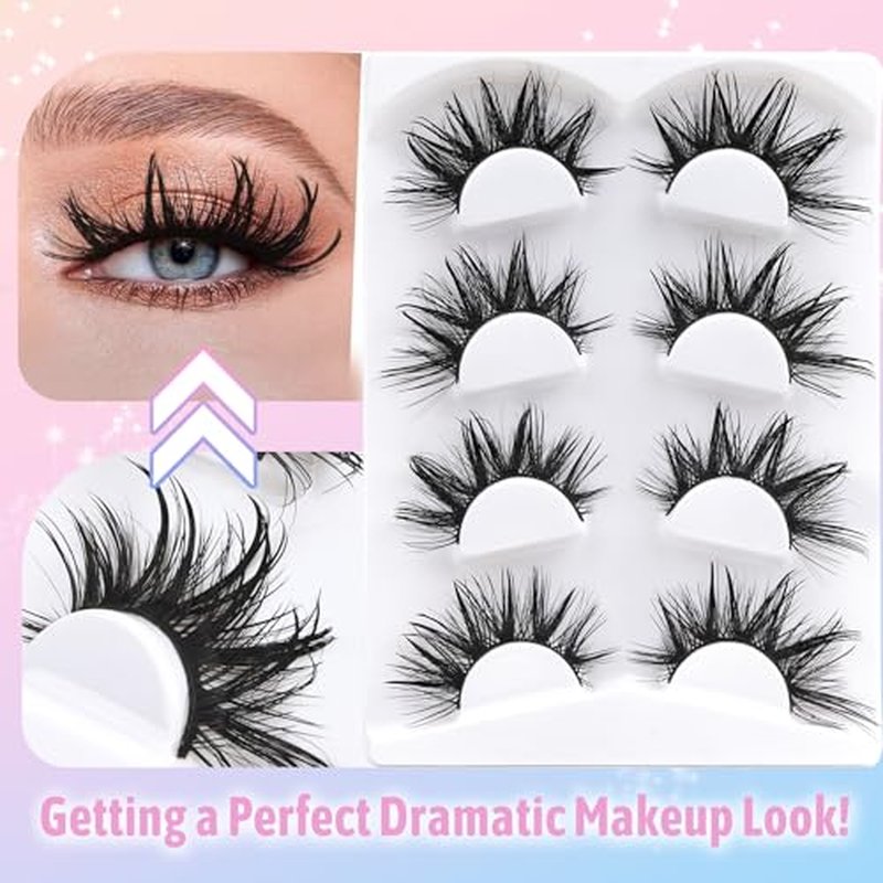 Losha 22mm Lashes Fluffy Eyelashes 3D Dramatic Long False Eyelashes Wet Look Manga Lashes Wispy Volume Faux Mink Lashes Cat Eye Lashes Soft Anime Fake Eyelashes 4 Pairs (Bold)