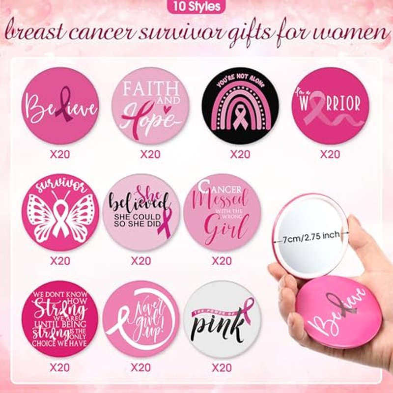 200 Pcs Breast Cancer Awareness Gifts Pocket Mirror Bulk Portable Travel Mirrors Pink Ribbon Breast Survivor Compact Mirror for Charity Women Public School Events Supplies (Inspirational)