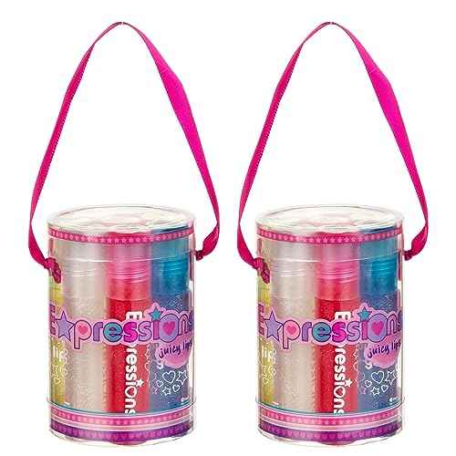 EXPRESSIONS 16pc Roller-Ball Glitter Lip Gloss Set, 8 Assorted Fruit Flavored Roll On Rollerball Lip Gloss for Kids, Safe, Non Toxic Kids Makeup Set