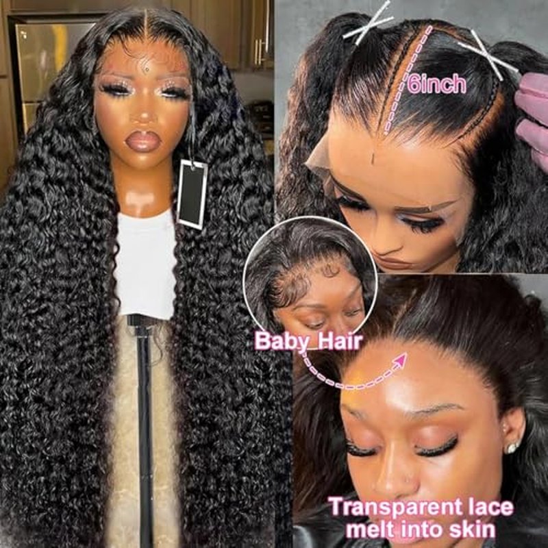 28 Inch 13x6 HD Lace Front Wigs Human Hair Deep Wave Lace Front Wigs Human Hair Pre Plucked Deep Curly Wigs for Women Natural Black 180% Density