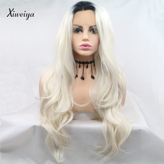 Xiweiyap White Wig Long Wacy Platinum Blonde Synthetic Lace Front Wig With Dark Roots Heat Resistant Fiber for American Women Daily Wear Makeup Party (White)