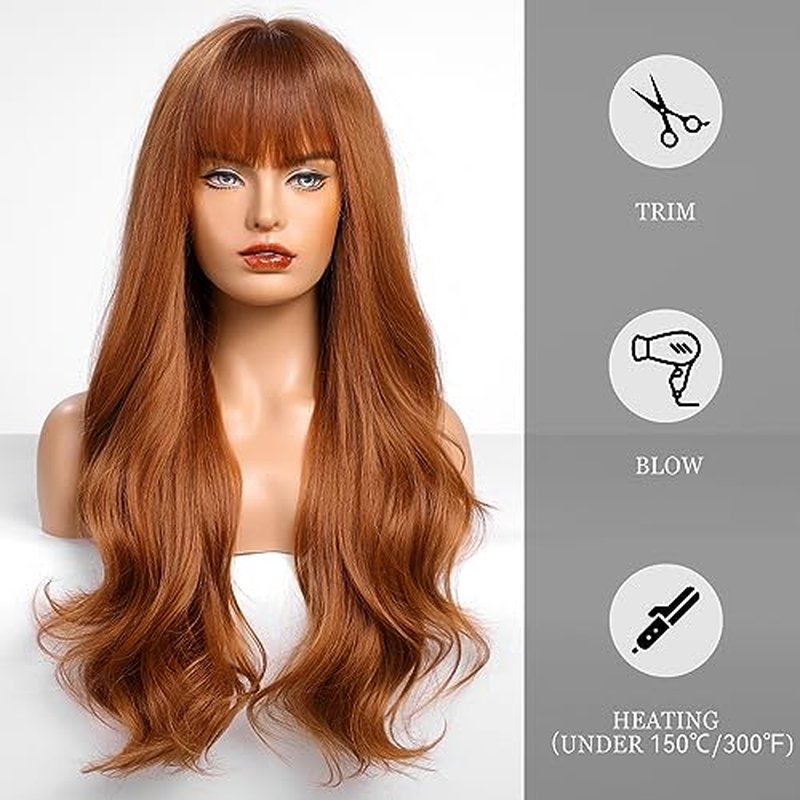 HAIRCUBE Auburn Wig with Bangs for Women Auburn Long Wavy Hair Wig Curly Wavy Synthetic Wigs for Girls Daily Party Use