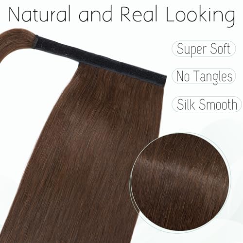 S-noilite Wrap Around Ponytail Extension Human Hair #4 Medium Brown Ponytail Extensions Real Remy Hair 14inch Long Straight Clip in Human Hair Ponytail 80Grams