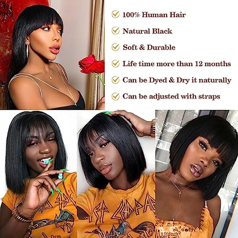 Benehair 12 Inch Light Yaki Straight Human Hair Wig Bob Wig with Bangs 2.75x1 Realistic Look Lace Glueless Wigs Human Hair Blunt Cut Short Black Bob Wig with Bangs 180% Density Natural Black