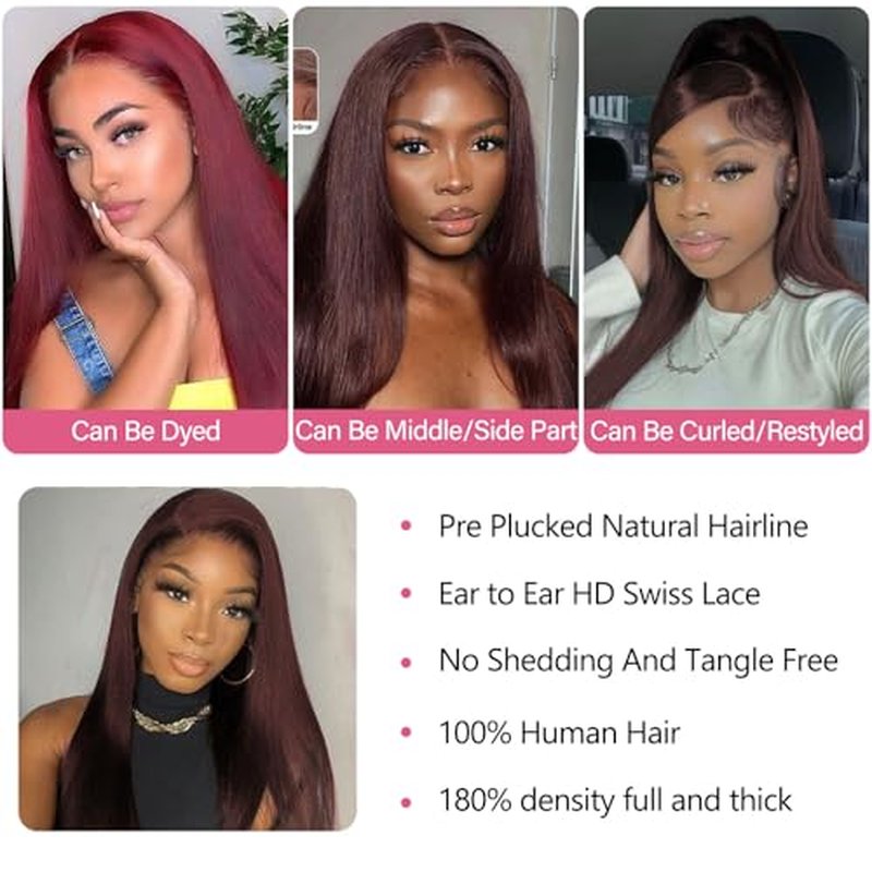 13X4 Straight Lace Front Wig Human Hair 22 Inch - 180% Density Pre Plucked with Baby Hair, Natural Dark Brown Glueless Layered Wig for Black Women