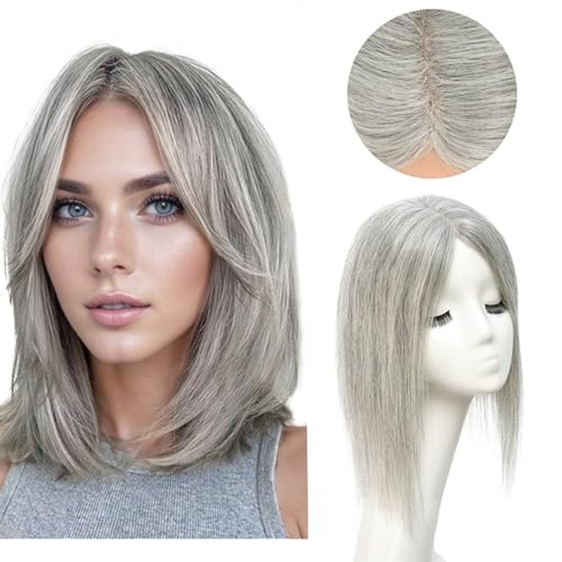 viviaBella Human Hair Hand-tied Swiss Lace Base HairToppers Natural Looking no Bangs, Clip in Real Human HairToupee for Women with Thinning Hair 4.3"X4.7" Big Coverage 12 Inch Hairpieces (Pepper Salt)