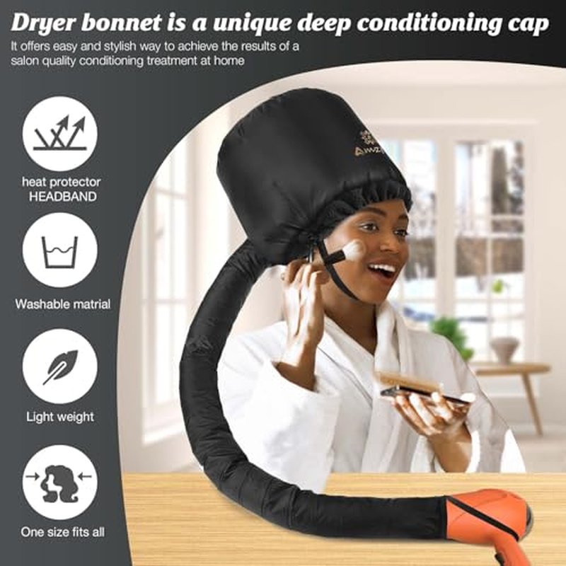 Bonnet Hood Hair Dryer Attachment - Headband Integrated Bonnet Hair Dryer for Speeds Up Drying Time at Home, Easy to Use for Styling, Curling and Deep Conditioning (Black,Adjustable)
