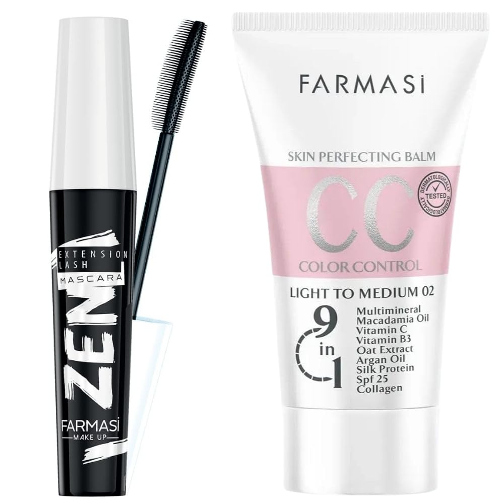 CC Cream & Zen Extension Lash Mascara Set | Color Correcting Skin Tint with SPF 25 - Light to Medium Shade, Natural Finish