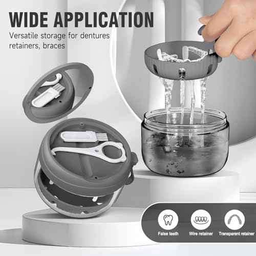 Denture Bath Box Cup, Leak Proof Denture Cup Kit Portable Retainer Case for Travel, Denture Case Cleaning Care for Dentures Aligner Mouth Guard with Denture Brush,Strainer, Removal Tool and Mirror