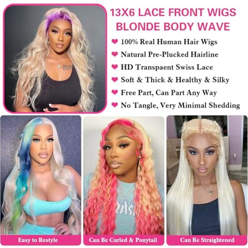 613 Lace Front Wig Human Hair 200% Density Blonde wig Human Hair 13x6 Body Wave Blonde Wigs for Women Brazilian Virgin HD Transparent Lace Front Wigs Pre Plucked 26 Inch