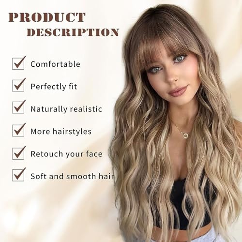 Lativ Blonde Wig With Bangs Long Wavy Curly Ombre Wig with Dark Root Synthetic Heat Resistant Wigs for Women Daily Party Use 26 Inches