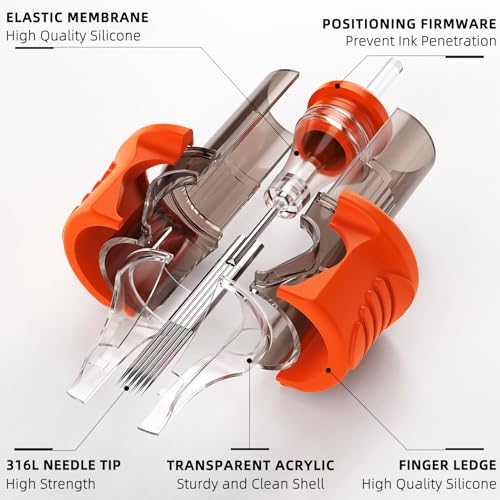 A-minusone 20Pcs 1215RM Tattoo Cartridge Needles Pro Finger Ledge Cartridges Standard #12 Curved Magnum Disposable Tattoo Needle Cartridge with Membrane for Tattoo Artists