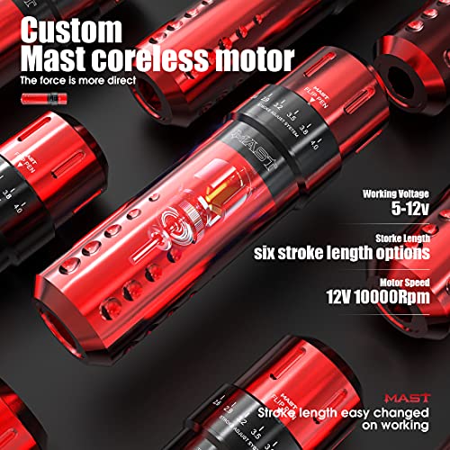 Mast Flip Complete Tattoo Kit -Wireless Cartridges Tattoo Machine with 7 Adjustable Strokes 2.6-4.0mm 2 Batteries Power Supply 20 Pro Needles Ideal for Lining Shading Coloring Professional Starter Set
