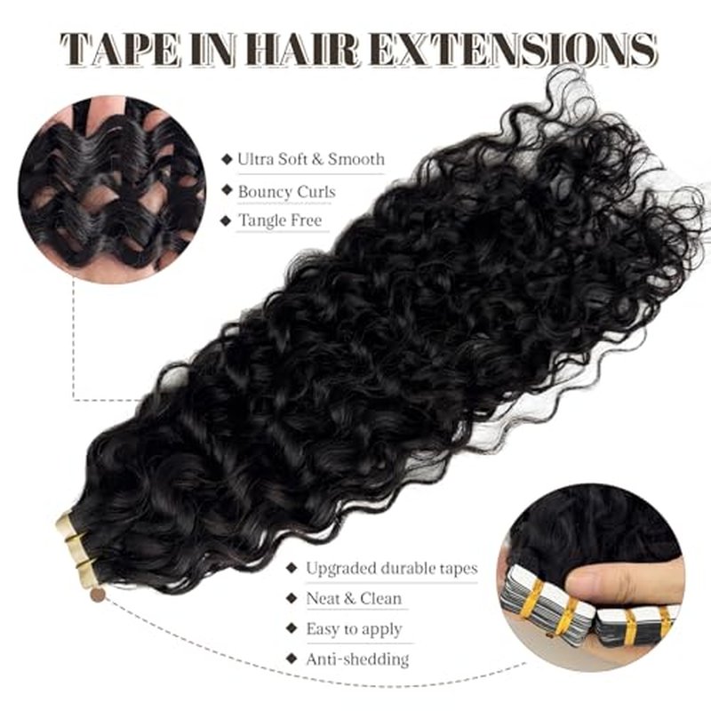 Water Wave Tape in Hair Extensions Human Hair, Natural Black Hair Extensions Real Remy Human Hair Tape ins for Black Women, 24 Inch 100g/pack 40pcs Double Sided Invisible Tape Hair Extension